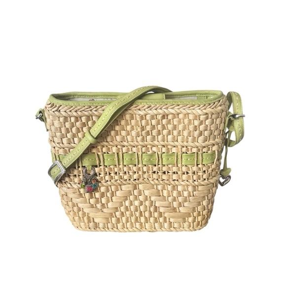 Brighton vintage straw wicker charm lime leather adjustable crossbody purse - Picture 1 of 9
